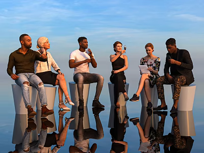 People Sitting On White Cylindrical Seats Chatting With Microphones And Notebooks Under Blue Sky 3d model