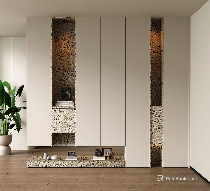 Modern Shoe Cabinet Interior Design With Light Colored Panels Decorative Storage And Plant Accent 3d model 