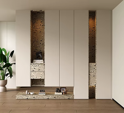 Modern Shoe Cabinet Interior Design With Light Colored Panels Decorative Storage And Plant Accent 3d model