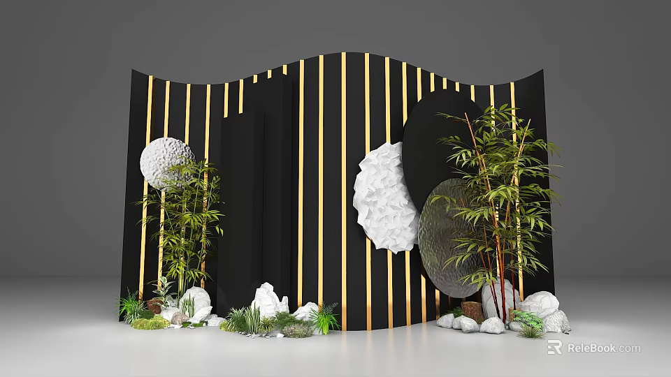 Stylish Photo Spot With Black Background Golden Stripes White Spherical Cloud Decorations Bamboo White Stones 3d model 