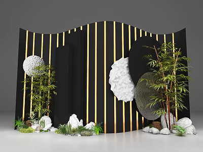 Stylish Photo Spot With Black Background Golden Stripes White Spherical Cloud Decorations Bamboo White Stones 3d model