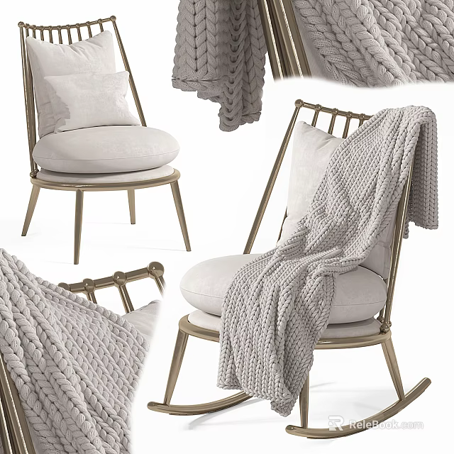 Modern Accent Chair with Brushed Metal Frame White Cushion and Gray Knitted Blanket 3d model 