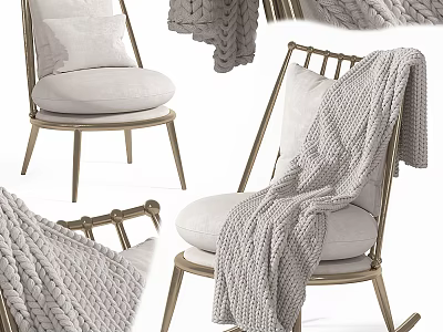 Modern Accent Chair with Brushed Metal Frame White Cushion and Gray Knitted Blanket 3d model
