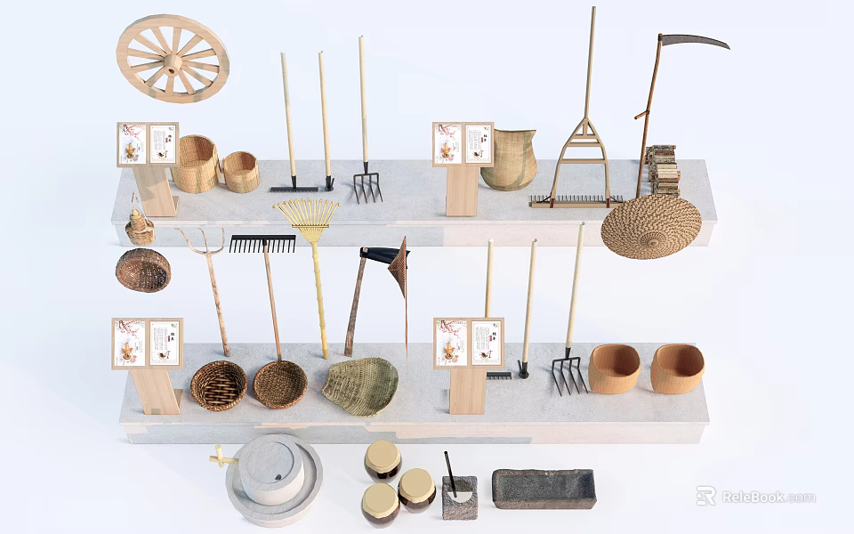 Vintage Agricultural Tools Display With Wheel Forks Hoes And Clay Pots On Exhibition Shelf 3d model 