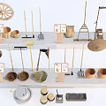 Vintage Agricultural Tools Display With Wheel Forks Hoes And Clay Pots On Exhibition Shelf