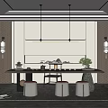 Modern Chinese Tea Room Interior With Long Table Round Stools Pendant Lights And Landscape Decor