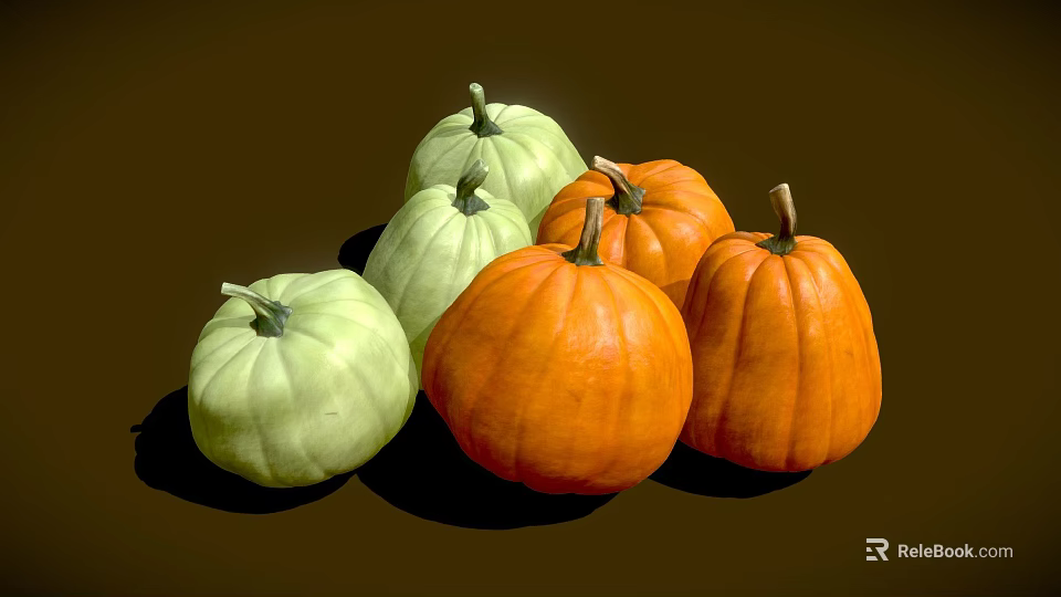 Colorful Green and Orange Pumpkins Fresh Healthy Vegetables on Dark Background 3d model 