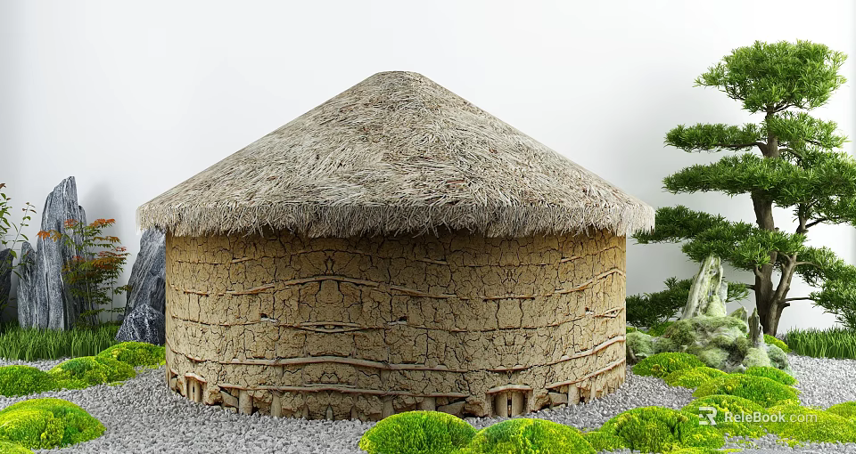 Courtyard Garden With Round Thatched Roof Building Earthen Wall Stones Green Shrubs And Pine Tree 3d model 