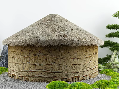 Courtyard Garden With Round Thatched Roof Building Earthen Wall Stones Green Shrubs And Pine Tree 3d model
