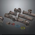 Rusty Metal Pipe Fittings With Various Shapes And Colorful Industrial Wheels On Dark Surface