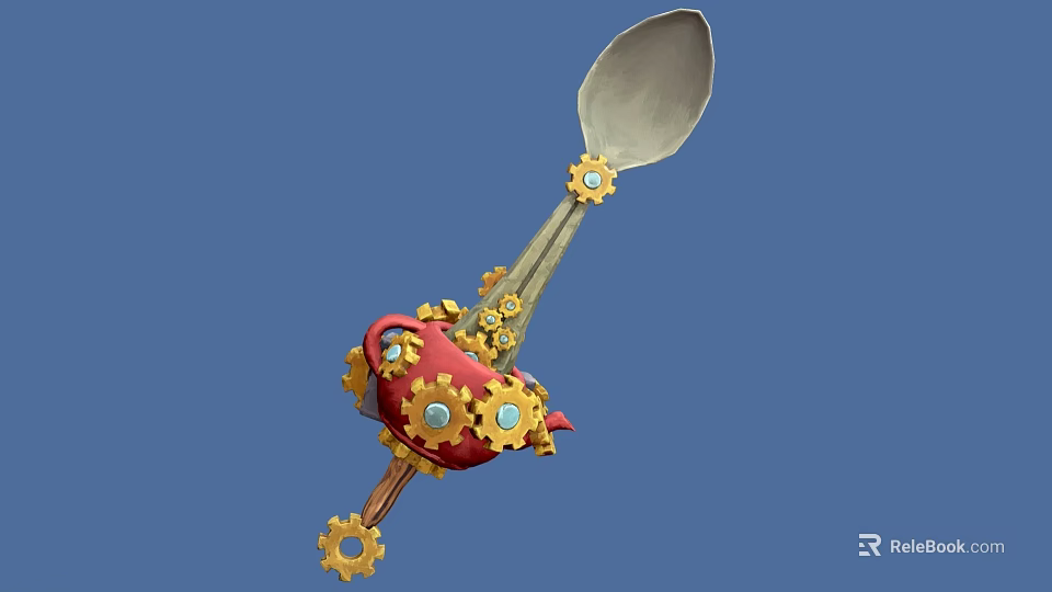 Steampunk Style Tableware Set with Red Teapot Gear Decorations and Spoon 3d model