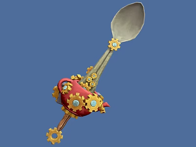 Steampunk Style Tableware Set with Red Teapot Gear Decorations and Spoon 3d model