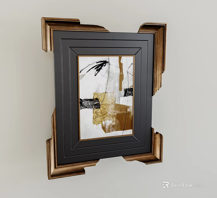 Elegant Black Photo Frame With Gold Accents And Abstract Artwork In White Black Gold Tones 3d model 