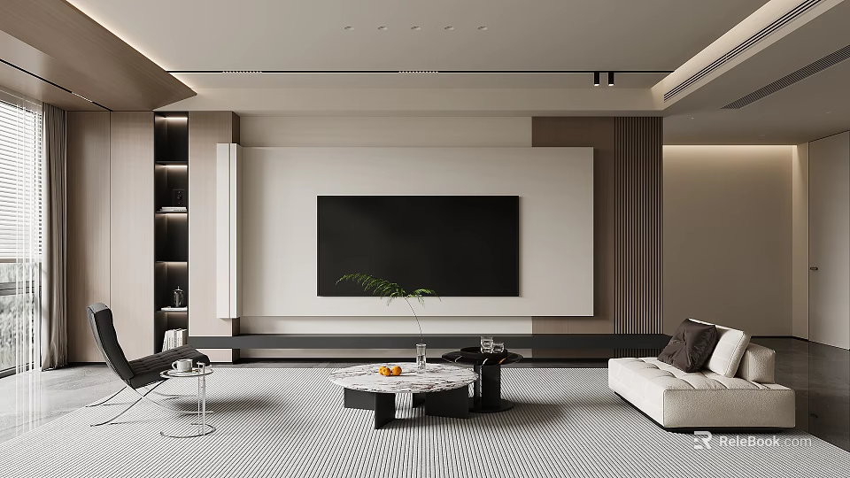 Modern Minimalist Living Room With Large TV White Sofa Black Armchair And Marble Coffee Table 3d model 