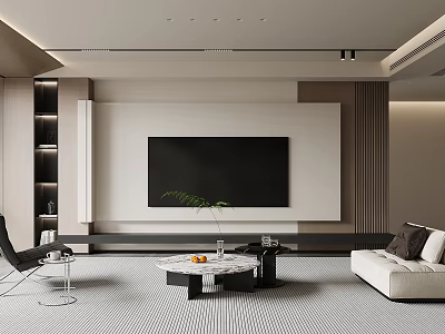 Modern Minimalist Living Room With Large TV White Sofa Black Armchair And Marble Coffee Table 3d model