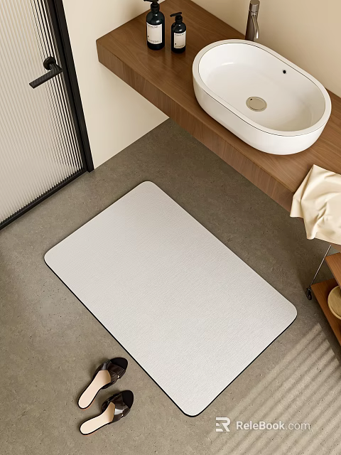Modern Bathroom Sink On Wooden Countertop With White Mat And Gray Floor 3d model 