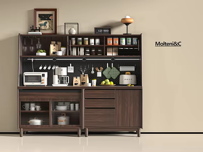 Walnut Sideboard With Shelves Drawers Microwave Coffee Maker Fruits Jars Table Lamp And Framed 3d model