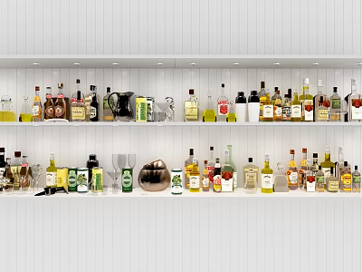 Various Wine Bottles And Glasses Displayed On White Striped Wall Shelves 3d model