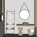 Hotel Bathroom Interior With Round Mirror Stone Sink Wooden Shelf And Wicker Basket