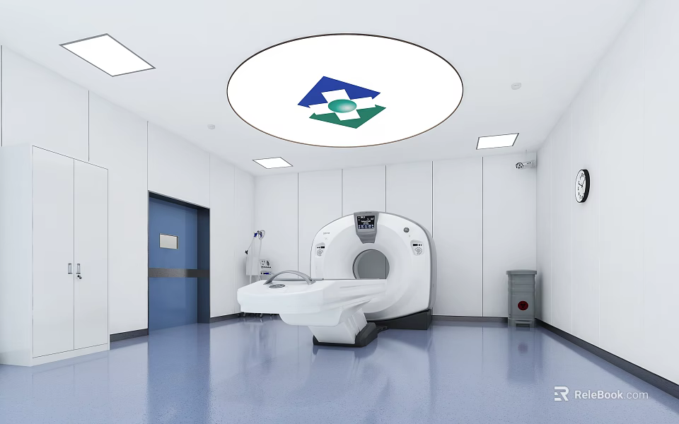 CT Scan Room Interior With Medical Equipment White Walls Blue Floor And Ceiling Logo 3d model 