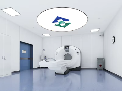 CT Scan Room Interior With Medical Equipment White Walls Blue Floor And Ceiling Logo 3d model
