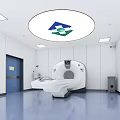 CT Scan Room Interior With Medical Equipment White Walls Blue Floor And Ceiling Logo