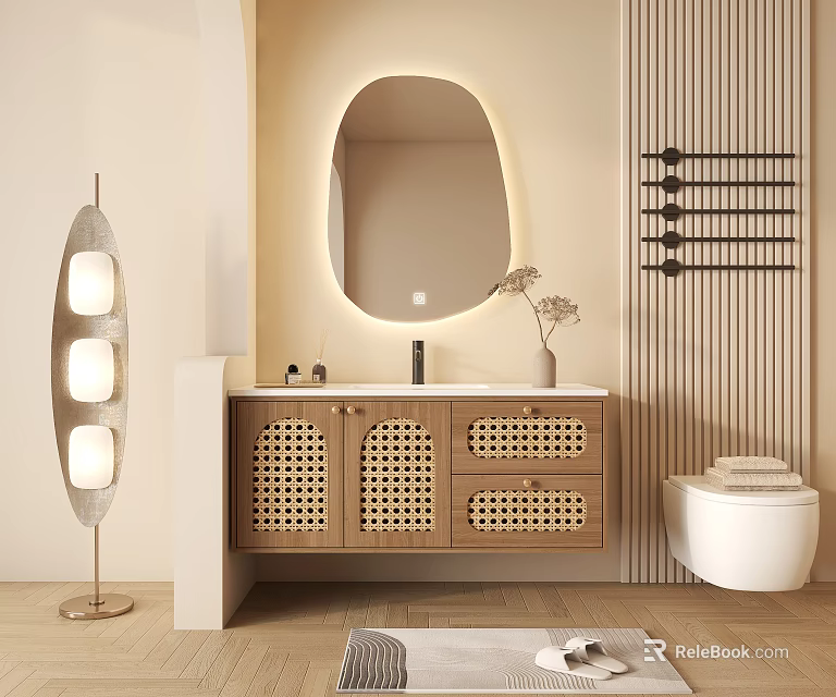 Modern Bathroom Vanity Cabinet With Oval Backlit Mirror Rattan Door Panels And Toilet 3d model 