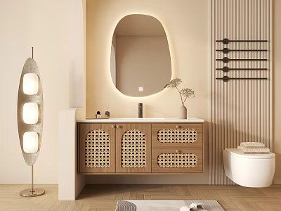 Modern Bathroom Vanity Cabinet With Oval Backlit Mirror Rattan Door Panels And Toilet 3d model