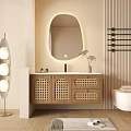 Modern Bathroom Vanity Cabinet With Oval Backlit Mirror Rattan Door Panels And Toilet