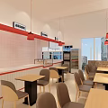 Modern Restaurant Interior With Marble Counter Red Pendant Lights Dining Tables And Chairs