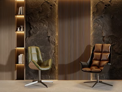 Modern Luxury Green Brown Leather Office Chairs With Stone Wall And Wooden Shelves 3d model