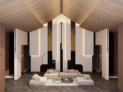 Modern Living Room Interior Design With Wooden Ceiling Lighting Strips Sofa Set And Coffee Table 3d model