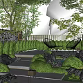 Tranquil Residential Landscape With Lush Trees Stone Wall Stone Path Black Chairs And Greenery Rocks