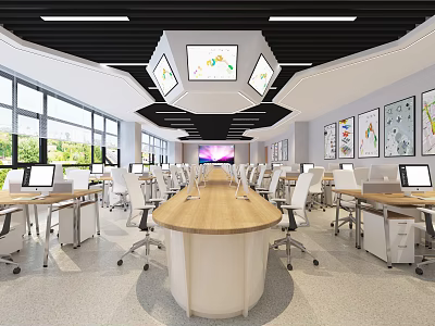 School Modern Learning Classroom with Computers Long Tables Bright Interior Wall Charts and Projector Screens 3d model