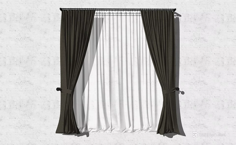 Dark Colored Heavy Curtains With White Sheer Double Layer And Tiebacks 3d model 