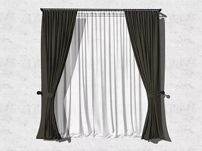 Dark Colored Heavy Curtains With White Sheer Double Layer And Tiebacks 3d model