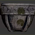 Vintage Terracotta Plant Pot Featuring Carved Patterns and Natural Moss Growth