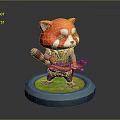 Red Panda Figurine Wearing Green Outfit Holding Instrument On Base With Green Grass Yellow Flowers