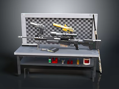 Various Firearms Knife And Accessories Display On Workbench With Checkerboard Background 3d model