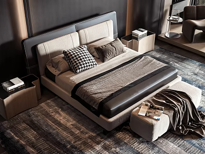 Modern Double Bed With Gray Beige Headboard Checkered Pillows Black Bench Nightstand Books And Rug 3d model
