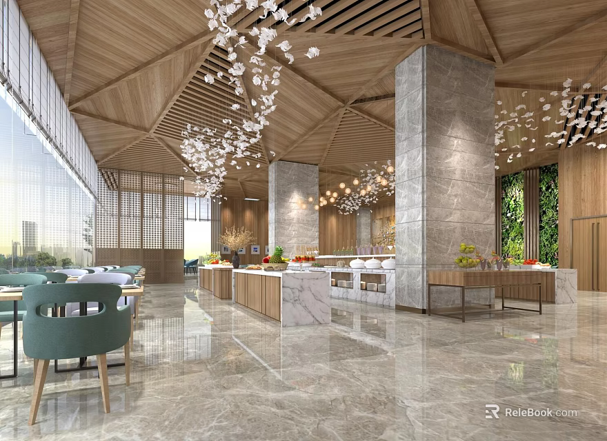Elegant Restaurant Interior With Wooden Ceiling Hanging Lights Marble Floor Green Chairs And Plant Wall 3d model 