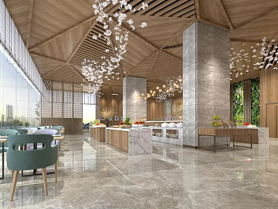Elegant Restaurant Interior With Wooden Ceiling Hanging Lights Marble Floor Green Chairs And Plant Wall 3d model