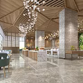 Elegant Restaurant Interior With Wooden Ceiling Hanging Lights Marble Floor Green Chairs And Plant Wall
