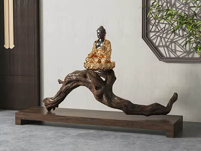 Golden Buddha Sculpture On Driftwood Carving With Wooden Base Indoor Setting 3d model