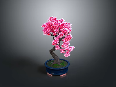 Pink Flowering Bonsai Tree with Curved Trunk in Blue Pot on Gray Background 3d model