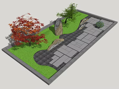Karesansui Zen Garden Design With Red Maple Tree Green Grass Stones And Stone Pathway 3d model