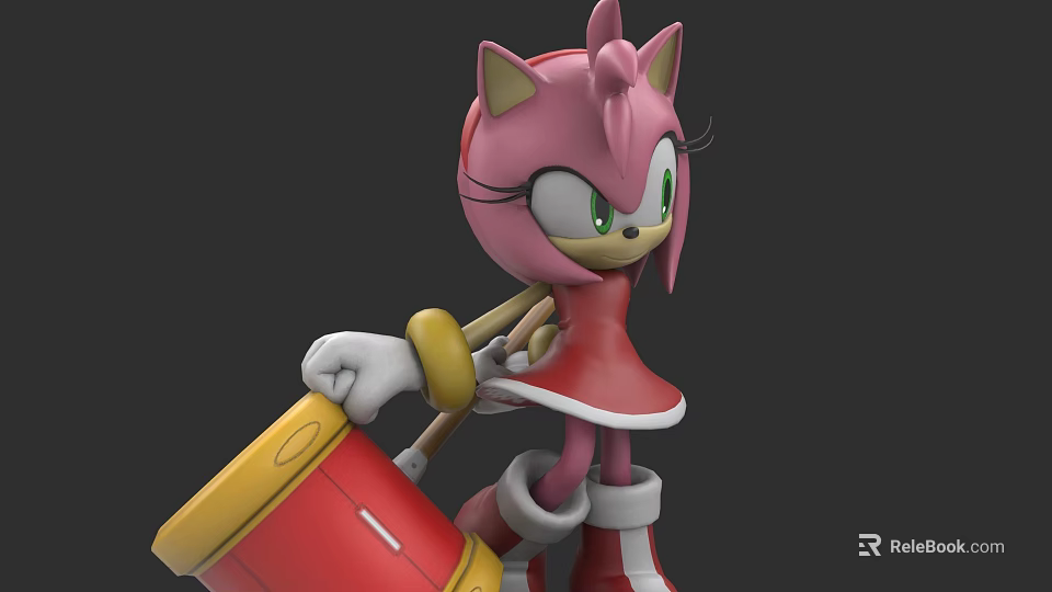 Pink Cat Like Game Character In Red Dress With Green Eyes Holding Drum 3d model 