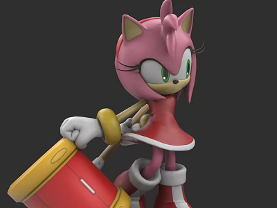 Pink Cat Like Game Character In Red Dress With Green Eyes Holding Drum 3d model