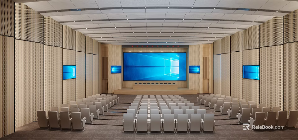 Spacious Conference Room Interior With Large Screen Side Displays And Arranged White Chairs 3d model 