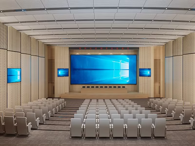 Spacious Conference Room Interior With Large Screen Side Displays And Arranged White Chairs 3d model